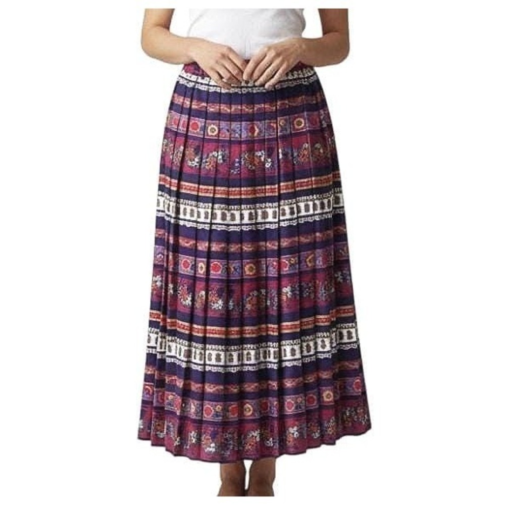 Vtg SUSAN BRISTOL SKIRT Pleated Midi Floral Stripes Rayon Colorful Size Size 14
